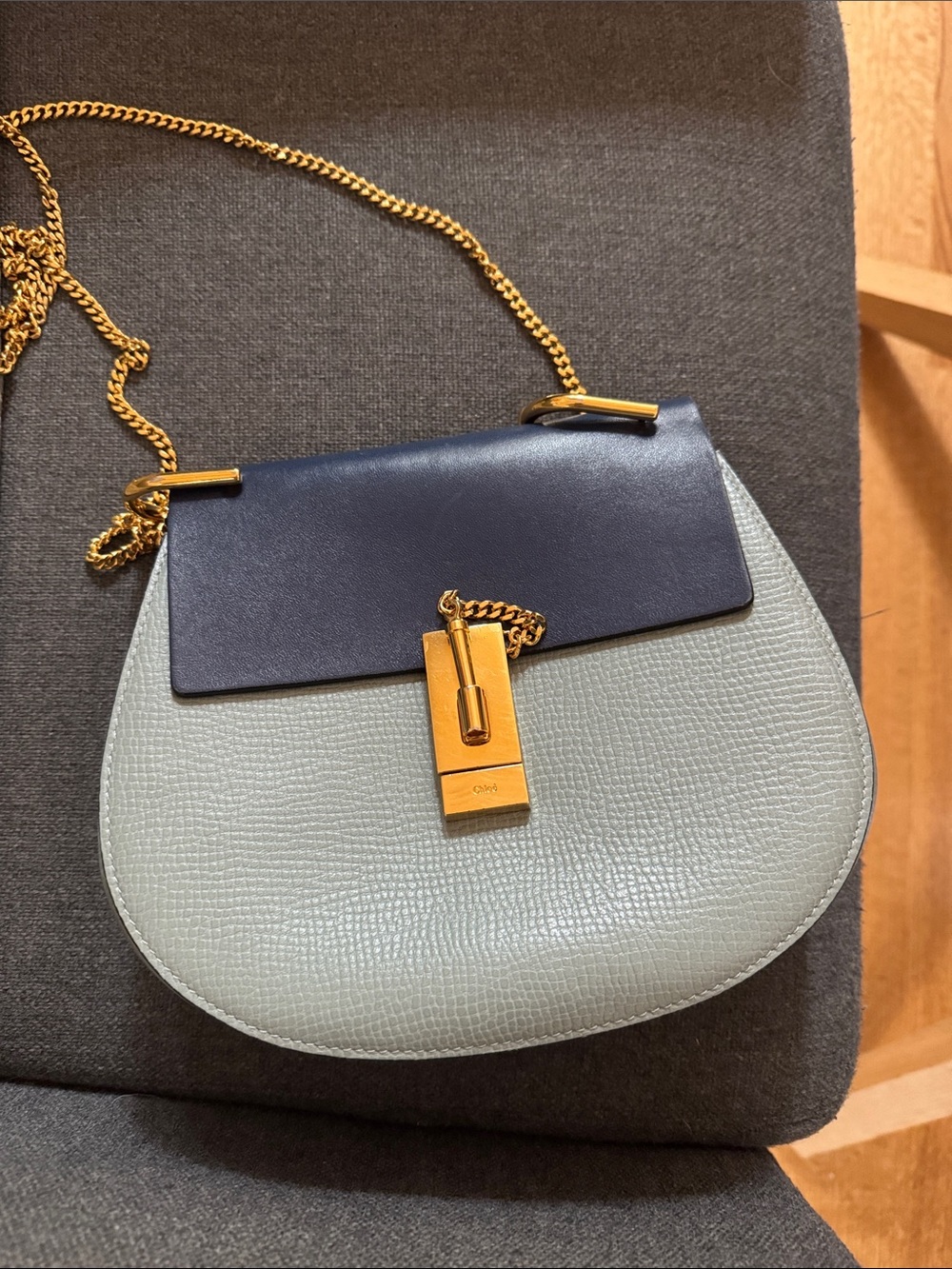 Chloe Small Drew Shoulder Bag in Navy & Light Blue with Gold Hardware
